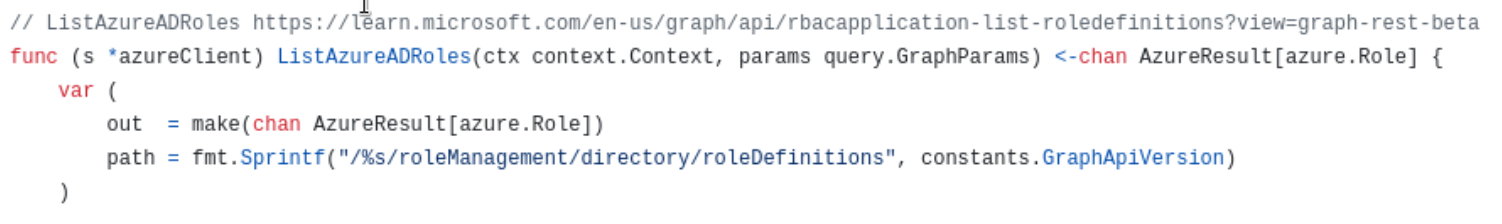 Captura de pantalla de un script de codificación usando Azure AD y la API de Microsoft Graph con funciones y variables escritas en rojo y azul sobre fondo blanco.