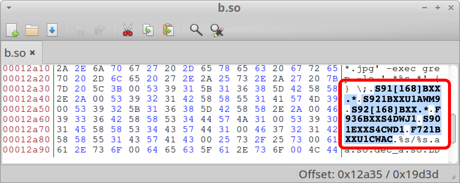 Capture d'écran d'un logiciel d'édition hexadécimale affichant des valeurs hexadécimales et les caractères ASCII correspondants. Une sélection est surlignée dans un cadre rouge.