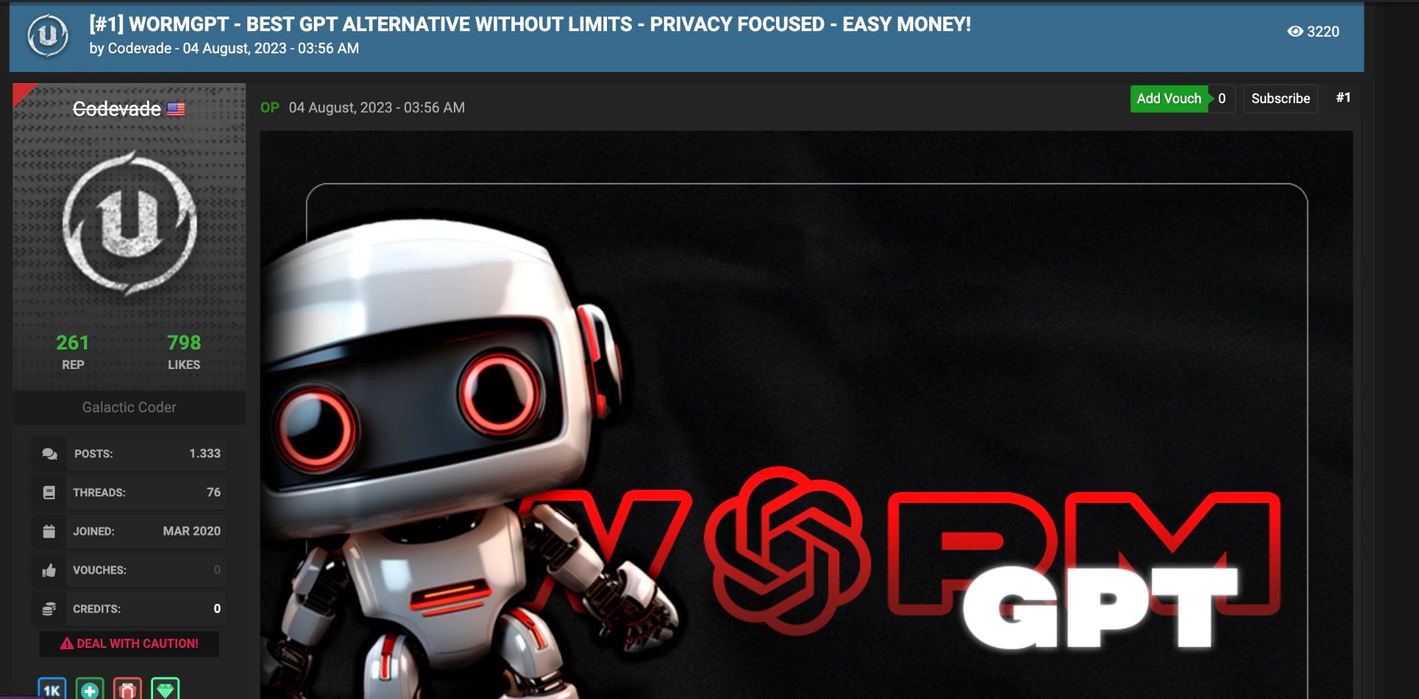 Capture d'écran d'une page de forum faisant la publicité de WormGPT intitulée « WORMGPT - BEST ALTERNATIVE WITHOUT LIMITS - PRIVACY FOCUSED - EASY MONEY! » mettant en vedette un personnage de robot animé aux yeux rouges brillants à côté du logo « WormGPT ». Caption : Figure 1. Publicité pour WormGPT trouvée sur Hack Forums.