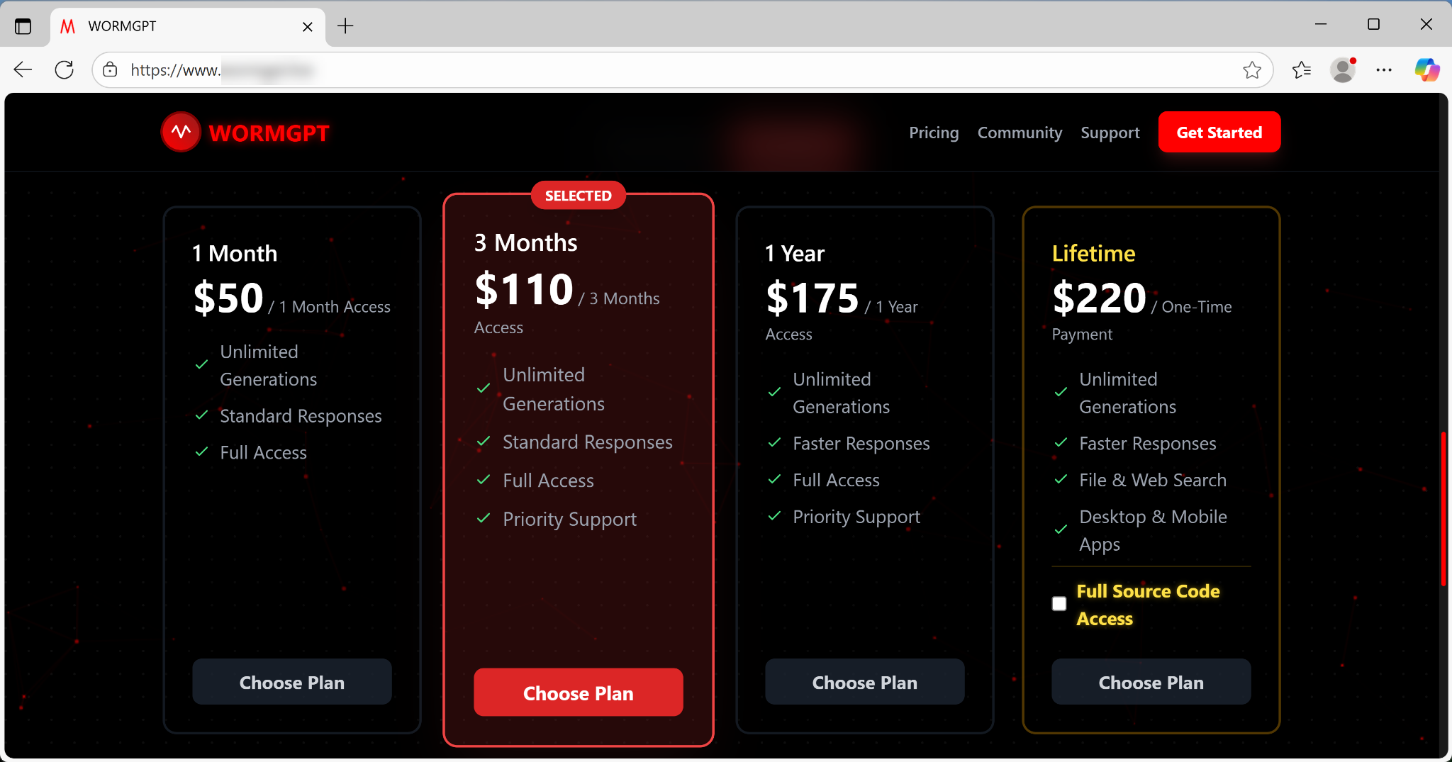Capture d'écran du site Web de WORMGPT affichant quatre plans d'abonnement intitulés 50 $/mois, 110 $/3 mois, 175 $/an et 220 $ en paiement unique, chacun offrant diverses fonctionnalités telles que des générations illimitées, des réponses plus rapides et un accès complet au code source, le tout mis en évidence par une palette de couleurs rouge et noire.
