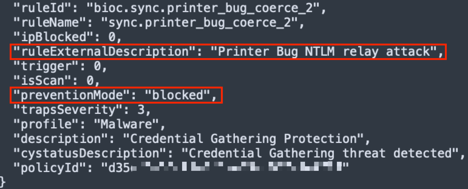 Capture d'écran d'une interface de code informatique mettant en évidence les paramètres de sécurité, montrant en particulier « Printer Bug NTLM relay attack » (attaque par relais NTLM sur les imprimantes) en mode prévention, où il est défini sur « bloqué ».