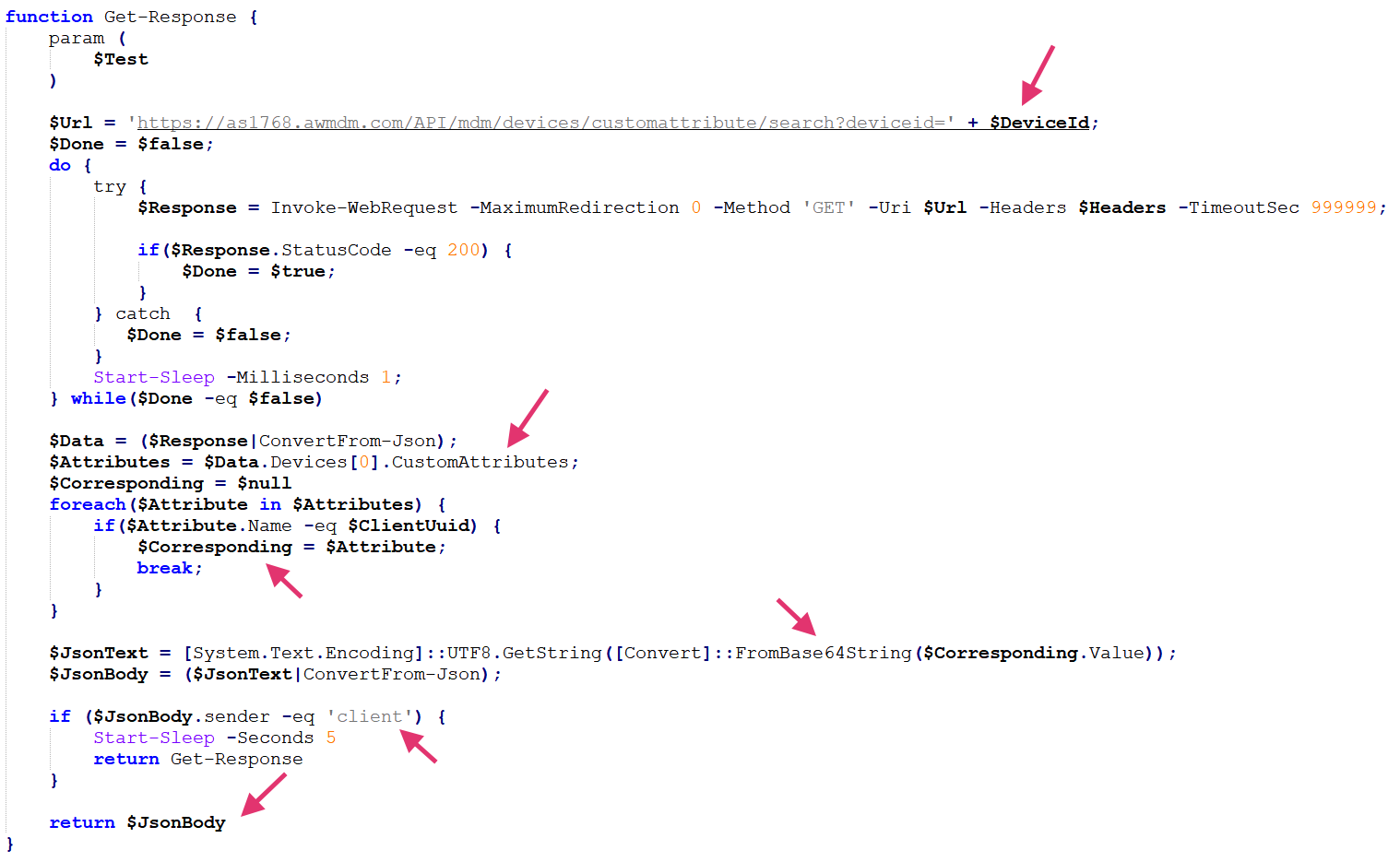 Captura de pantalla de un script de programación con varias funciones y declaraciones condicionales escritas en un lenguaje de codificación, resaltadas con flechas que señalan líneas y elementos específicos.