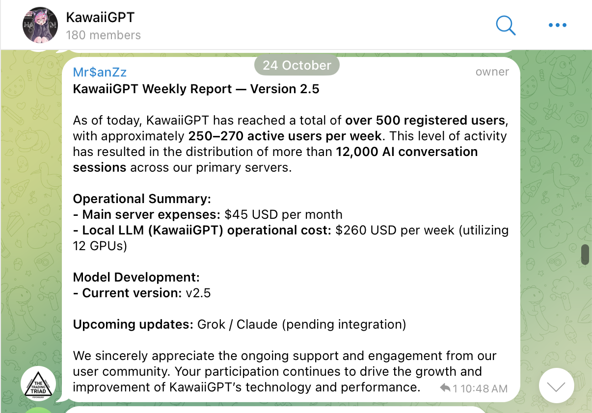 Capture d'écran d'un message en ligne de Mr$anGz, publié sur le canal Telegram KawaiiGPT. Le message, intitulé « KawaiiGPT Weekly Report – Version 2.5 », fait le point sur la répartition des utilisateurs, résume les dépenses opérationnelles, mentionne les développements actuels impliquant « Grok / Claude » et exprime sa gratitude pour le soutien et l'engagement continus de la communauté.