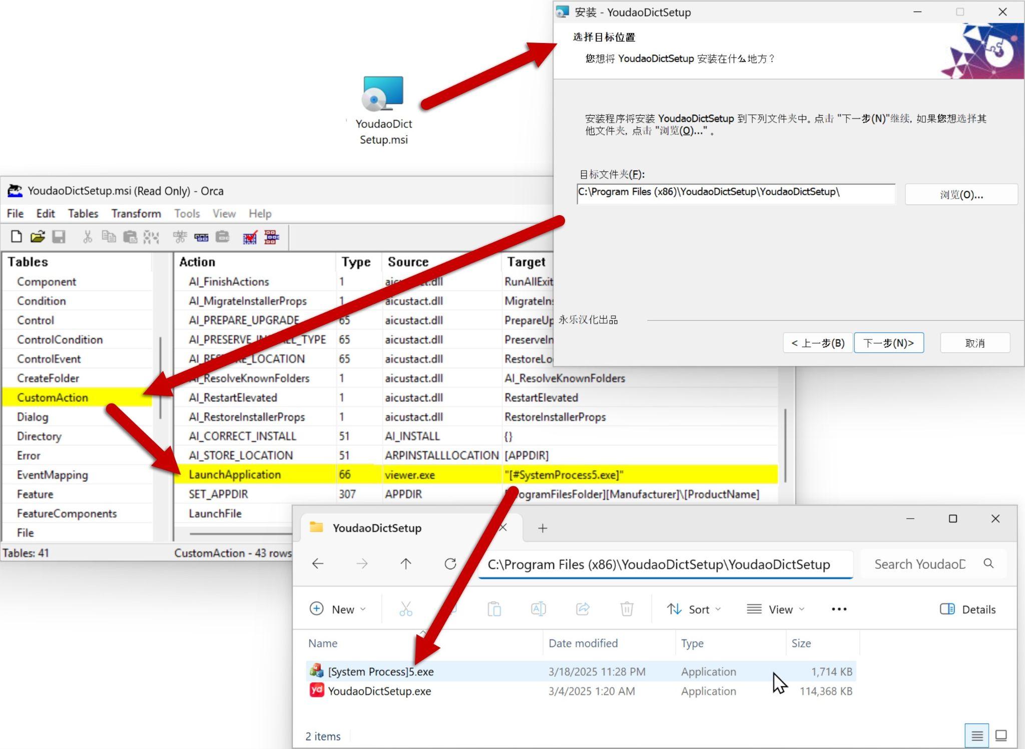 A screenshot showing an open installation window for a malicious file installation on a computer screen. Multiple windows are displayed including file explorer windows with folders and files related to a spoofed program, and dialog boxes detailing installation processes and settings. Arrows and annotations in red are present to guide the viewer through the installation steps. The interface is in a mix of English and Chinese language characters.