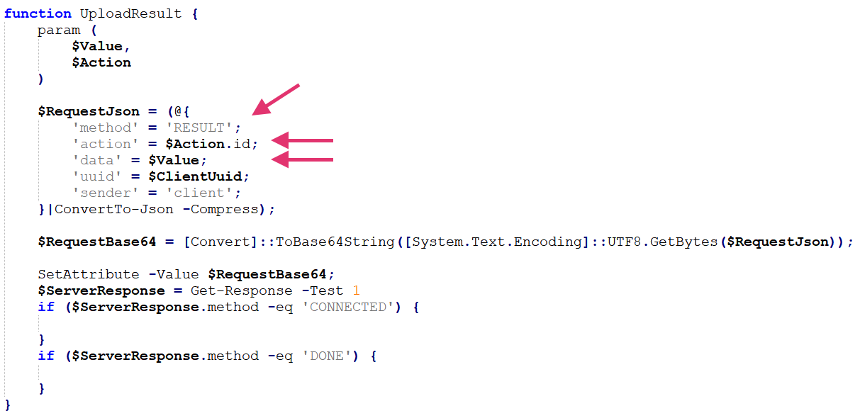 Capture d’écran d’un extrait de code dans un langage de programmation avec des annotations sous forme de flèches pointant vers des lignes spécifiques, mettant en évidence les parties du code liées au traitement des données et aux vérifications de la réponse du serveur.