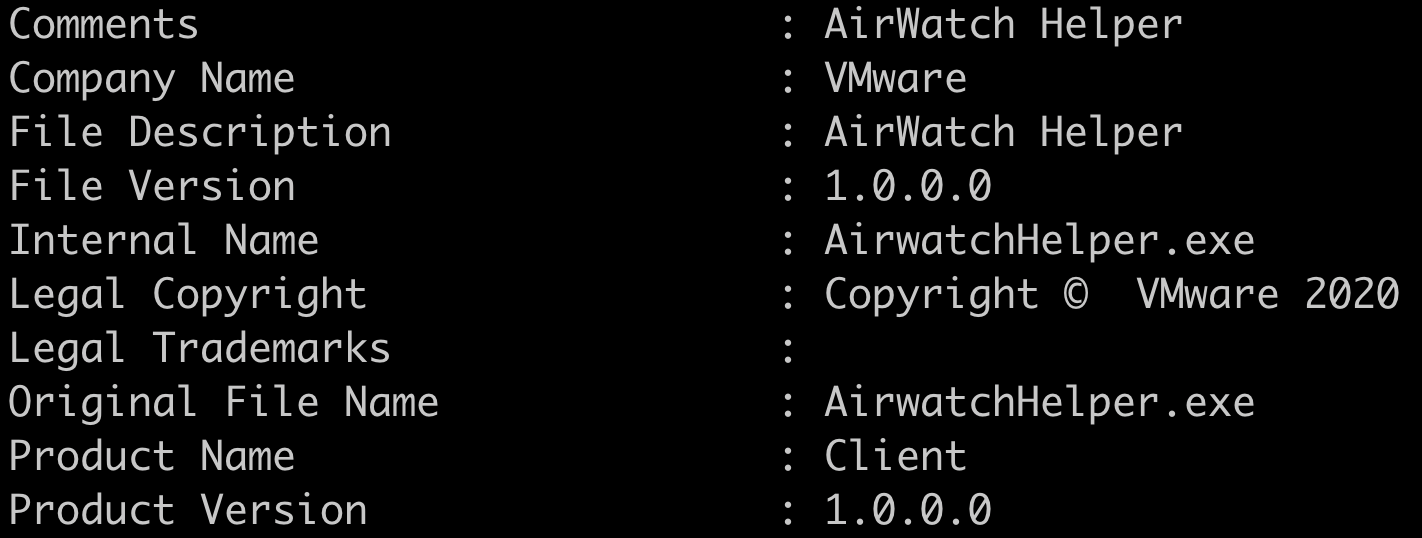 Capture d’écran affichant les propriétés d’un fichier nommé AirWatchHelper.exe, un produit de VMware. Parmi les champs importants : Nom de l’entreprise : VMware, Nom du produit : Client, et divers détails sur la version.