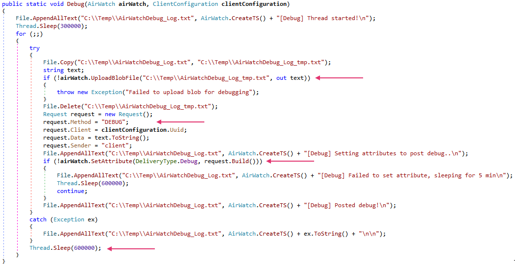 Capture d’écran d’un code informatique présentant un langage de programmation avec diverses fonctions et la gestion des exceptions liées aux opérations sur les fichiers et au débogage.