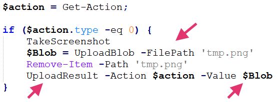 Captura de pantalla de un fragmento de código con comandos PowerShell. El código incluye lógica condicional para tomar una captura de pantalla y cargarla, con anotaciones indicadas por flechas.
