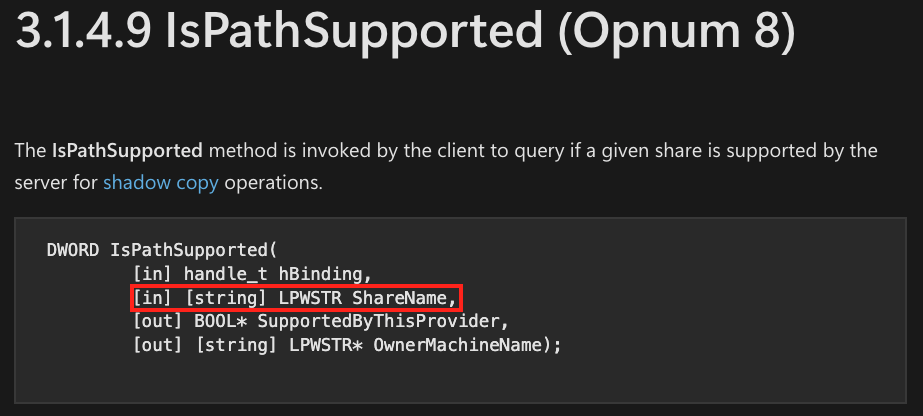 Screenshot of 3.1.4.9 IsPathSupported (Opnum 8) documentation. Highlighted in red is the LPWSTR ShareName opnum.
