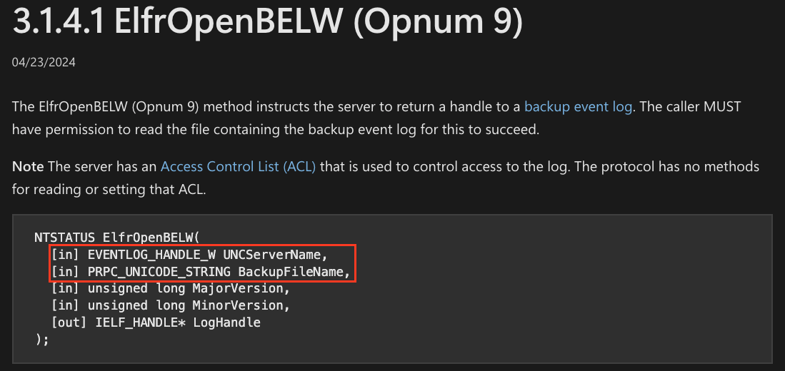Screenshot of documentation for ElfrOpenBELW Opnum 9) 3.14.1, describing a protocol operation related to accessing a backup event log with specific function parameters highlighted in red.