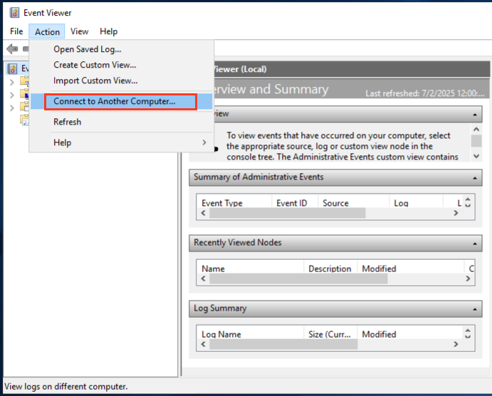 Screenshot of the Event Viewer application on a Windows operating system, showing menu options like “File,” “Action,” and “View,” and the “Connect to Another Computer” option highlighted.