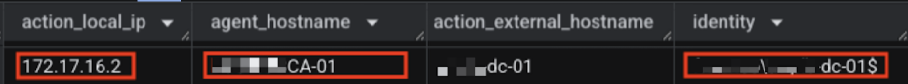 Image showing a user interface with four labelled sections: session load, guest hostname, session current hostname, and identity, each displaying data represented in text. Some of the information is redacted. 