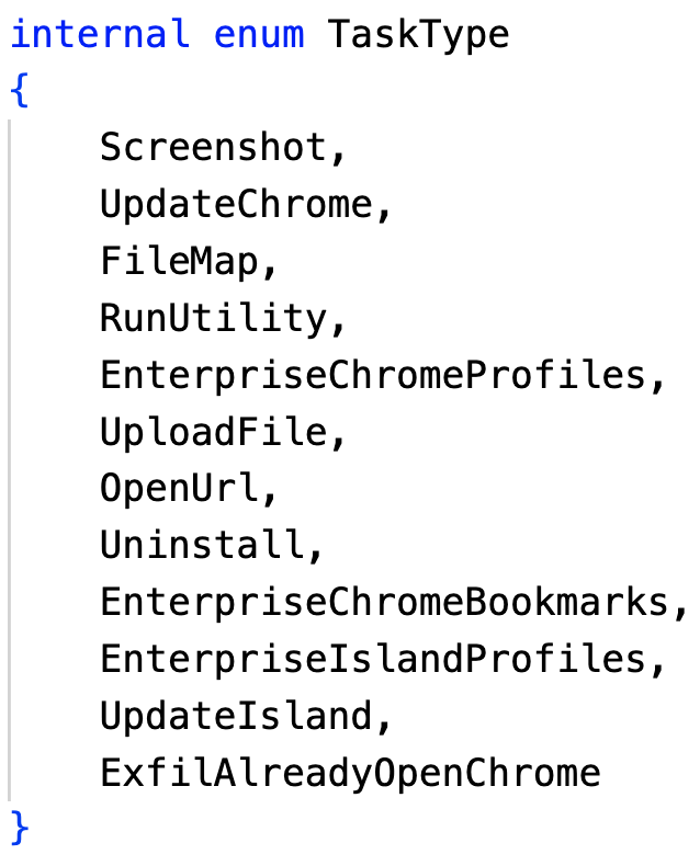 UpdateChrome、RunUtility、EnterProfile、OpenUrlなど、さまざまなタスク名が中かっこ内にリストされた「TaskType」と題された列挙を表示するコードのスクリーンショット。
