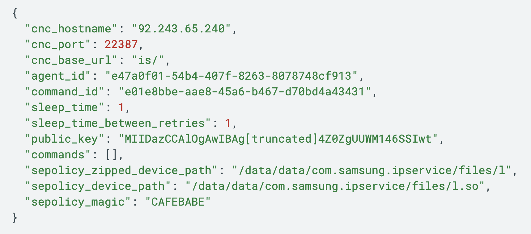 コードスニペットのスクリーンショット。IPアドレス、ID、ファイルパスなど様々なキーと値が含まれており、Samsungデバイス固有の情報への言及が見られる。