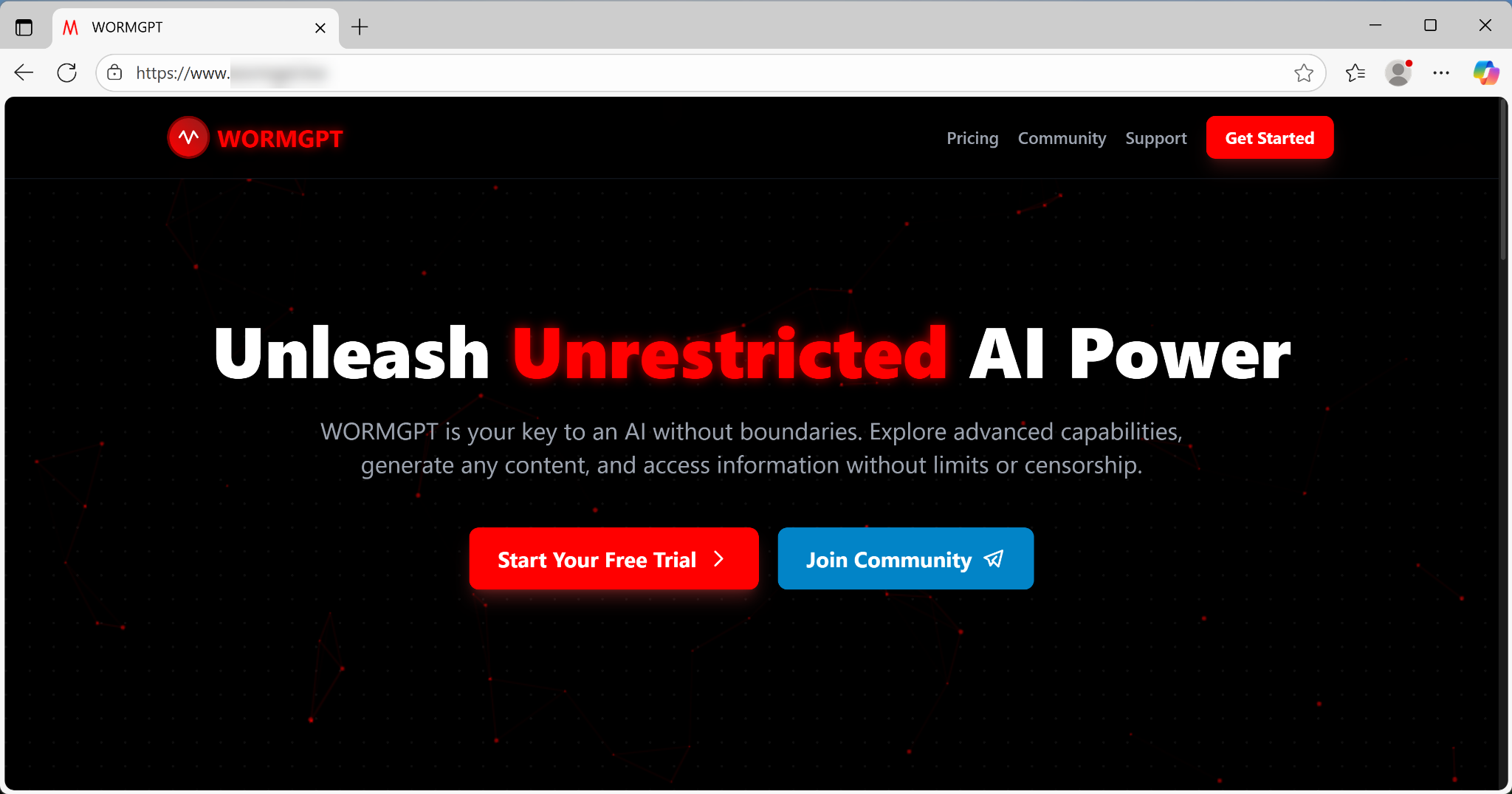 「Unleash Unrestricted AI Power（無制限のAIパワーを解き放つ）」というスローガンと、「Start Your Free Trial（無料トライアルを開始）」または「Join Community（コミュニティに参加）」のオプションが表示された、WormGPTのWebサイトホームページのスクリーンショット。
