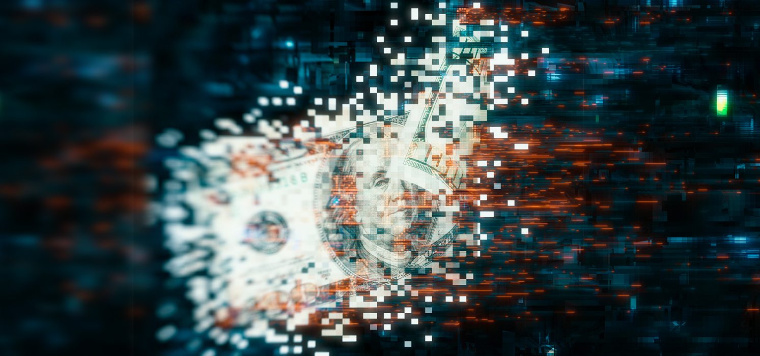 Pictorial representation of 01flip ransomware written in Rust. Digital artwork of a pixelated U.S. dollar bill disintegrating into small blocks against a blue data matrix background.