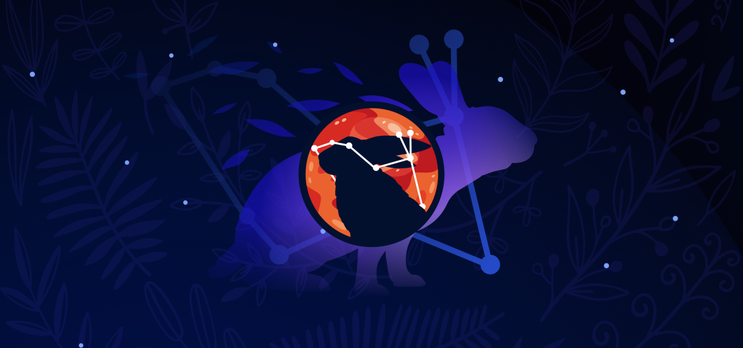 Pictorial representation of APT Ashen Lepus. The silhouette of a hare and the Lepus constellation inside an orange abstract planet. Abstract, stylized cosmic setting with vibrant blue and purple shapes, representing space and distant planetary bodies.