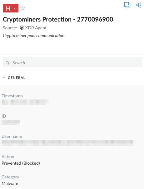 Screenshot of Cortex XDR alert. Some information is redacted. The crypto miner pool communication has been blocked and the alert is categorized as malware. 