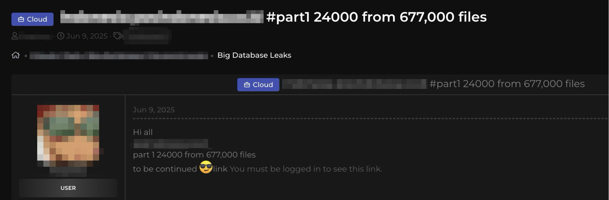 Screenshot of a dark web forum with some of the title of a post and identifying information of the poster redacted or blurred. The screenshot refers to data leaks.