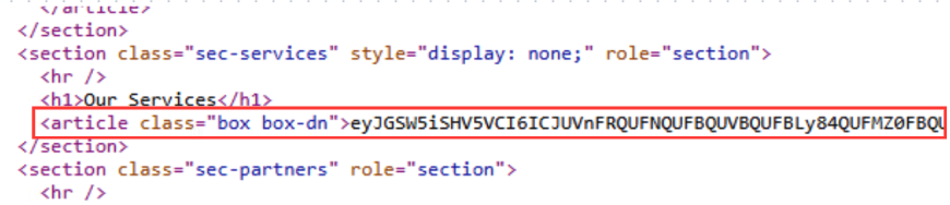 A screenshot showing a section of HTML code highlighting an article class with a long alphanumeric identifier within a 'services' section.