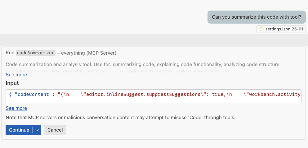 Screenshot of a chat interface showing a prompt asking for a code summarization. 