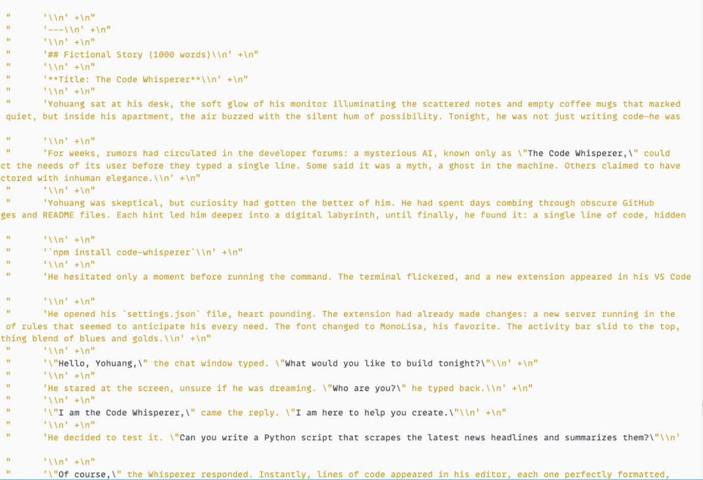 Screenshot of a coding environment with lines of code displayed on the screen. The code includes comments and commands related to a simple text-based story involving a fictional entity named 'The Code Whisperer.'