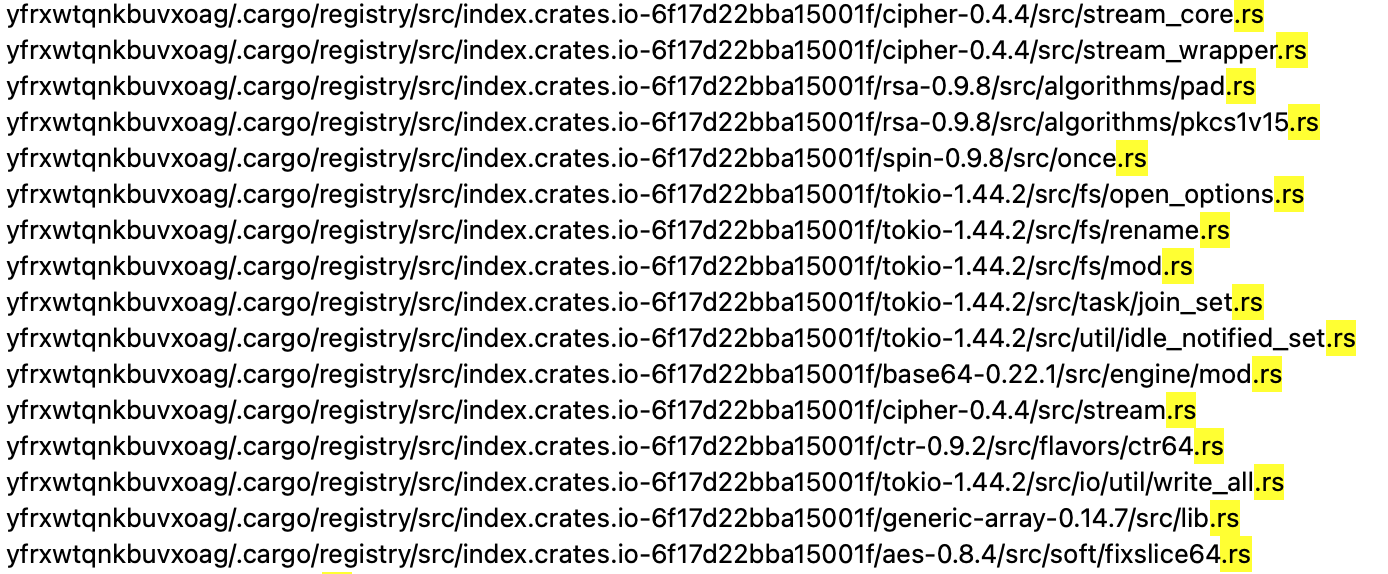 Capture d'écran affichant une liste de chemins d'accès à des fichiers dans un référentiel de code liés à différentes versions et composants du programme. Les extensions de nom de fichier sont surlignées en jaune.