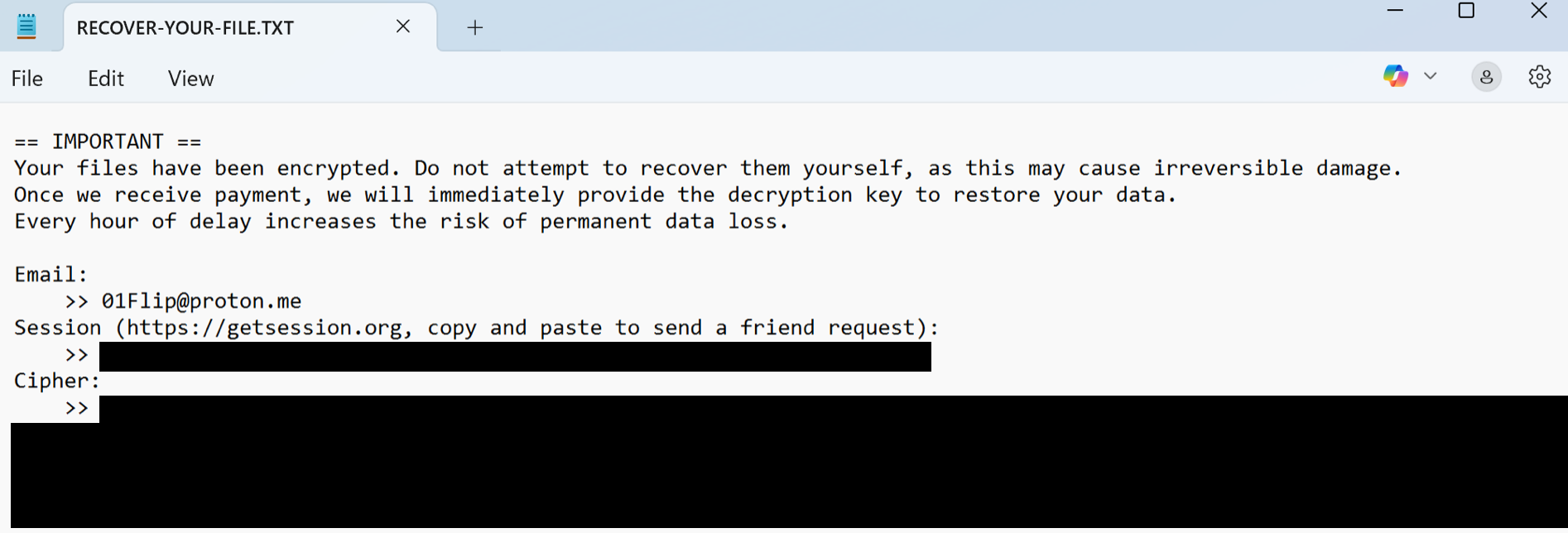 Écran d'ordinateur affichant une note de rançongiciel intitulée « RECOVER-YOUR-FILES.TXT » dans un logiciel d'édition de texte. La note comprend des instructions indiquant de ne pas redémarrer l'ordinateur, une adresse e-mail de contact « mp@proton.me » pour obtenir la clé de déchiffrement et une adresse de session pour toute communication ultérieure. Certaines informations ont été masquées pour des raisons de sécurité. 