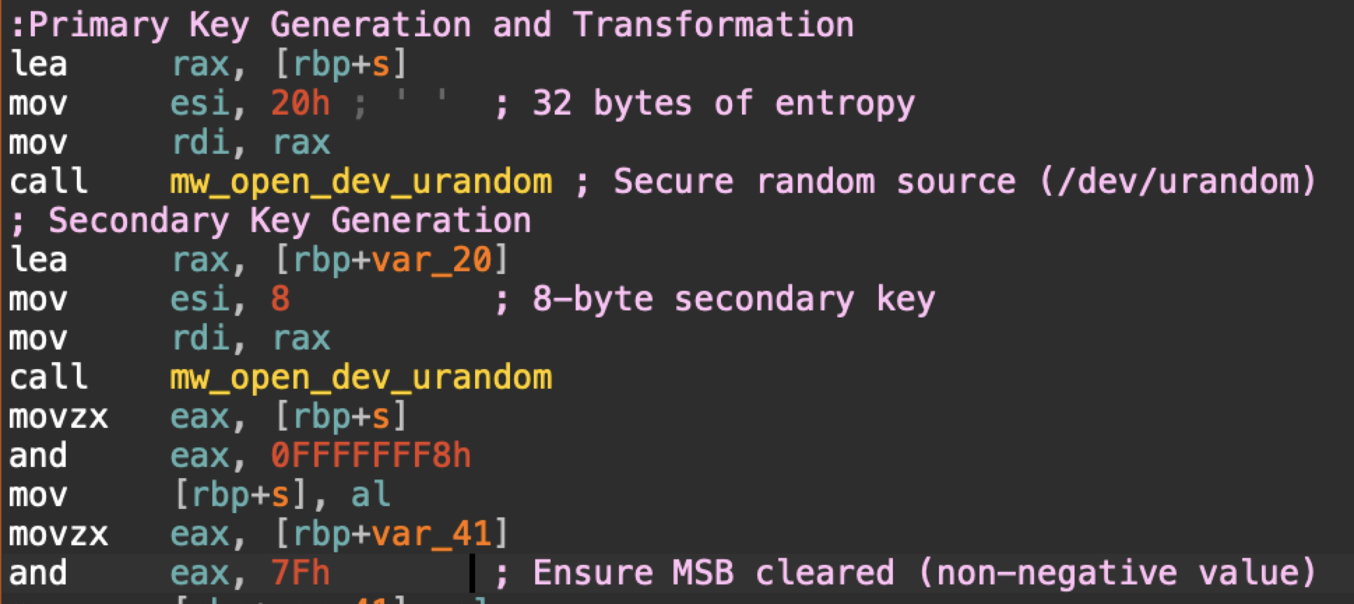 Capture d’écran d’un extrait de code présentant diverses instructions en langage assembleur liées à des opérations cryptographiques, telles que la génération d’entropie et la gestion des clés. Le code inclut des commentaires visant à clarifier la fonctionnalité de chaque ligne.