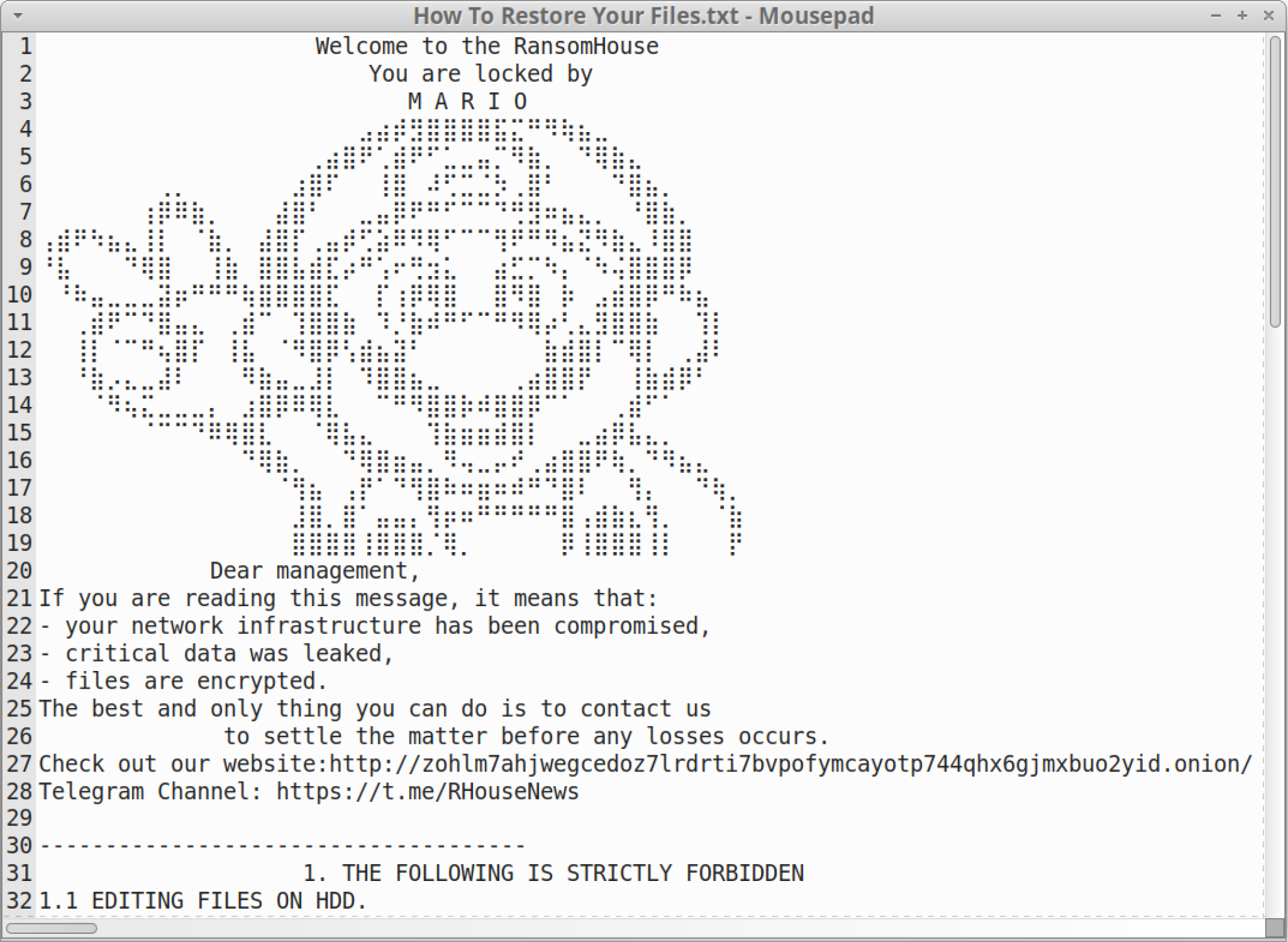 RansomHouse ransom note. Image of a text file titled "How To Restore Your Files.txt" open in Notepad with ASCII art depicting Super Mario alongside instructions for contacting a provided email and Telegram channel, indicating a ransomware notice from the group named "RansomHouse."