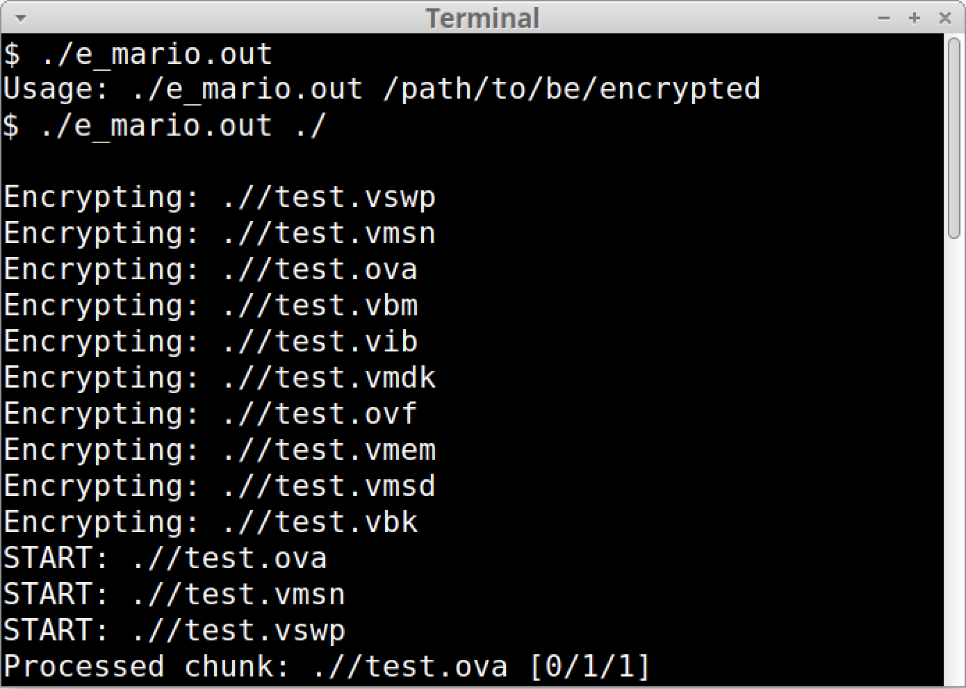 Terminal screen showing a program named 'e_mario.out' running an encryption process on various files with extensions such as vmsn, vbm, vmdk, vmxf, vsv, vmsd, and vswp.