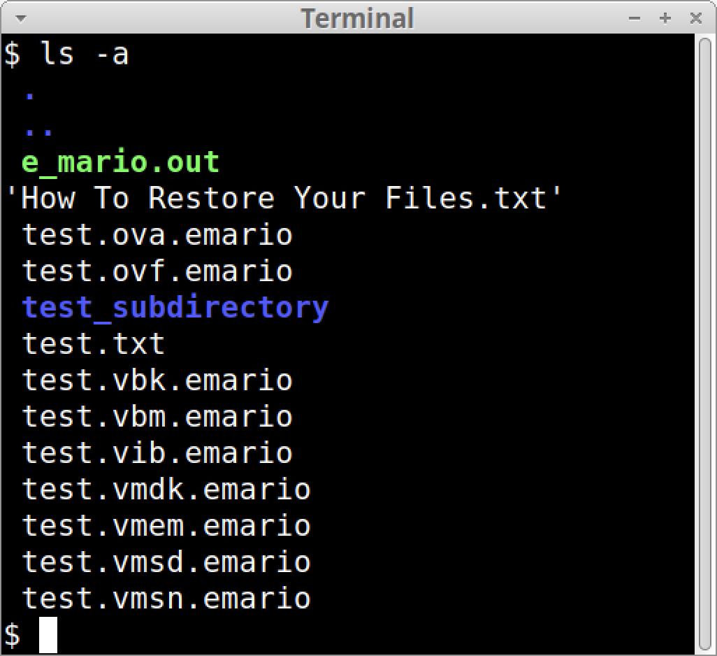 A screenshot of a terminal window displaying the output of the "ls -a" command, listing various files including ones with the suffix ".emario". Highlighted in blue is the directory named "test_subdirectory".