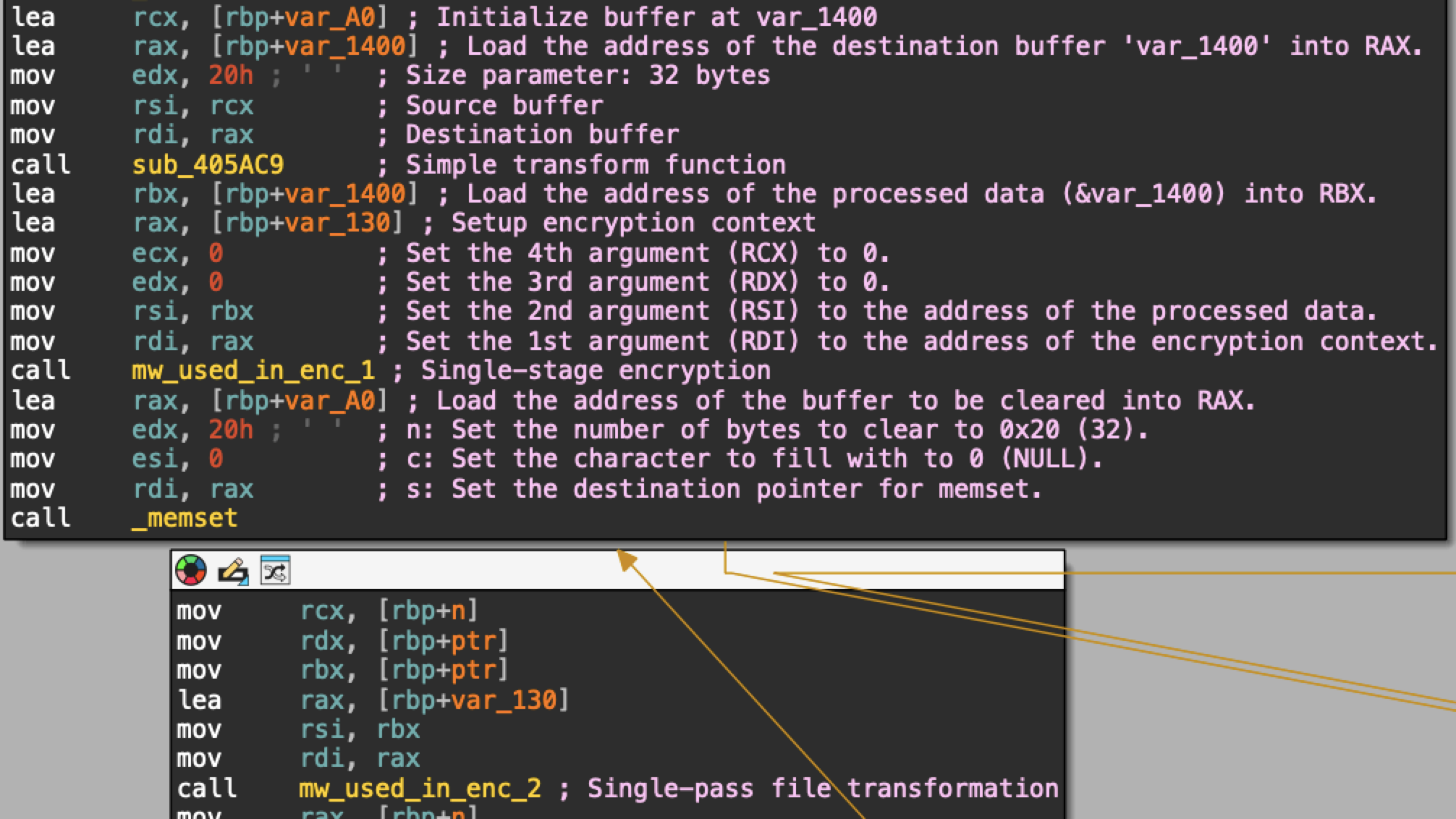 Screenshot of programming code in an IDE, featuring multiple lines of assembly language with annotations explaining each part of the code. The code includes operations like memory setting and transformation setup.