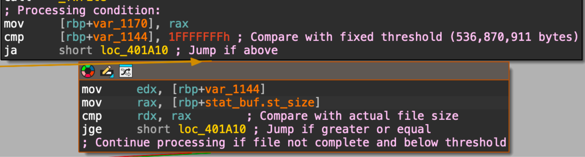 Screenshot of a computer code in an IDE, displaying lines for file size comparison and conditional jumps with comments.