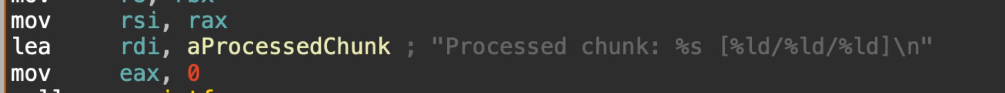 A screenshot of computer code on a dark background with syntax highlighting, indicating variables and a string that includes 'Processed chunk."