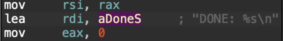 A screenshot of computer code with syntax highlighting, displaying various commands and a variable named 'aDoneS'. The text has a dark background and includes colors such as purple and orange for highlighting.