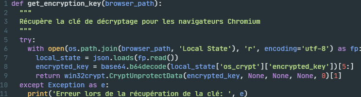 Screenshot of Python code in a text editor, showing a function to retrieve the decryption key for Chromium browsers with highlighted syntax.