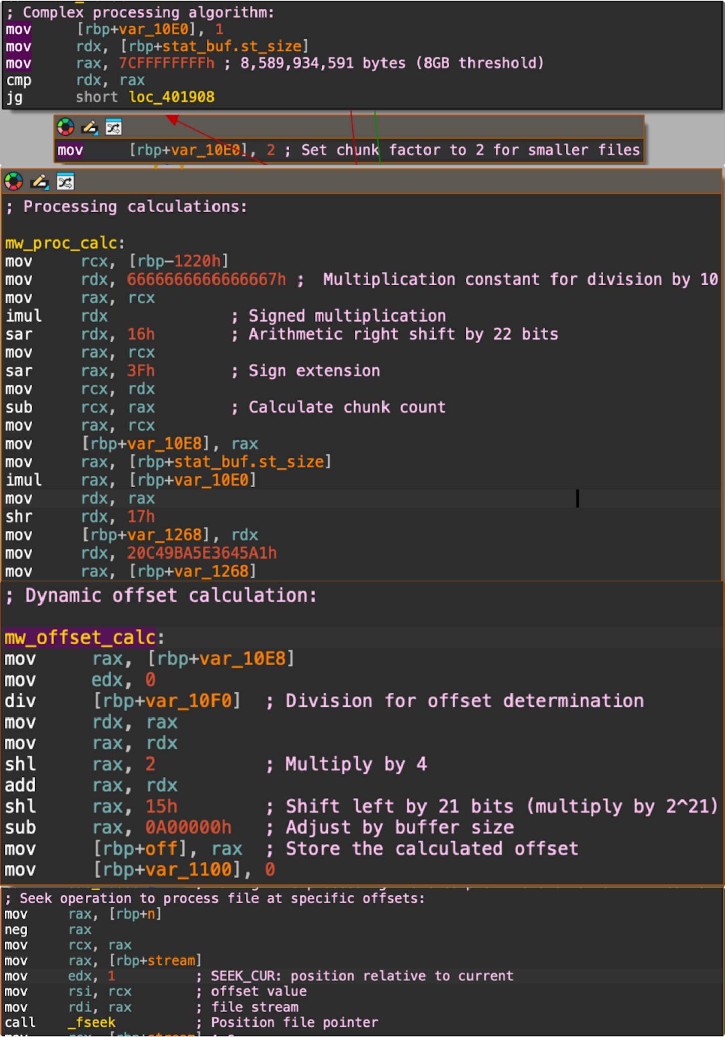 Captura de pantalla de un código en lenguaje ensamblador en un editor de texto con la sintaxis resaltada. El código incluye varias operaciones como mover, desplazar y multiplicar con registros y constantes.