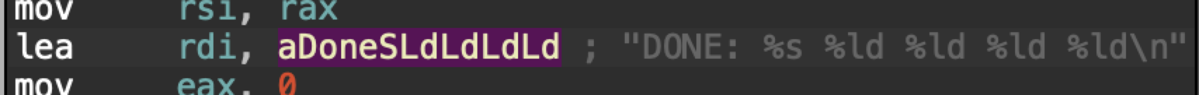 Captura de pantalla de código informático en un IDE, con el comando “aDoneSLdLdLdLd” destacado en un recuadro morado.