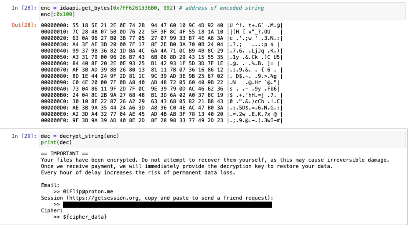 コマンドラインインターフェースで表示されたランサムウェアの要求メッセージが映ったコンピューター画面のスクリーンショット。連絡先としてメールアドレスが記載されている。メッセージの上部にはバイナリデータがブロック状に表示されている。