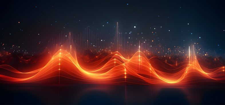 Pictorial representation of orange, wave-like lines illuminated against a navy background.