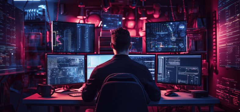 Pictorial representation of a man viewing multiple computer monitors displaying lines of code. The screens emit a blue glow against a textured pink background.