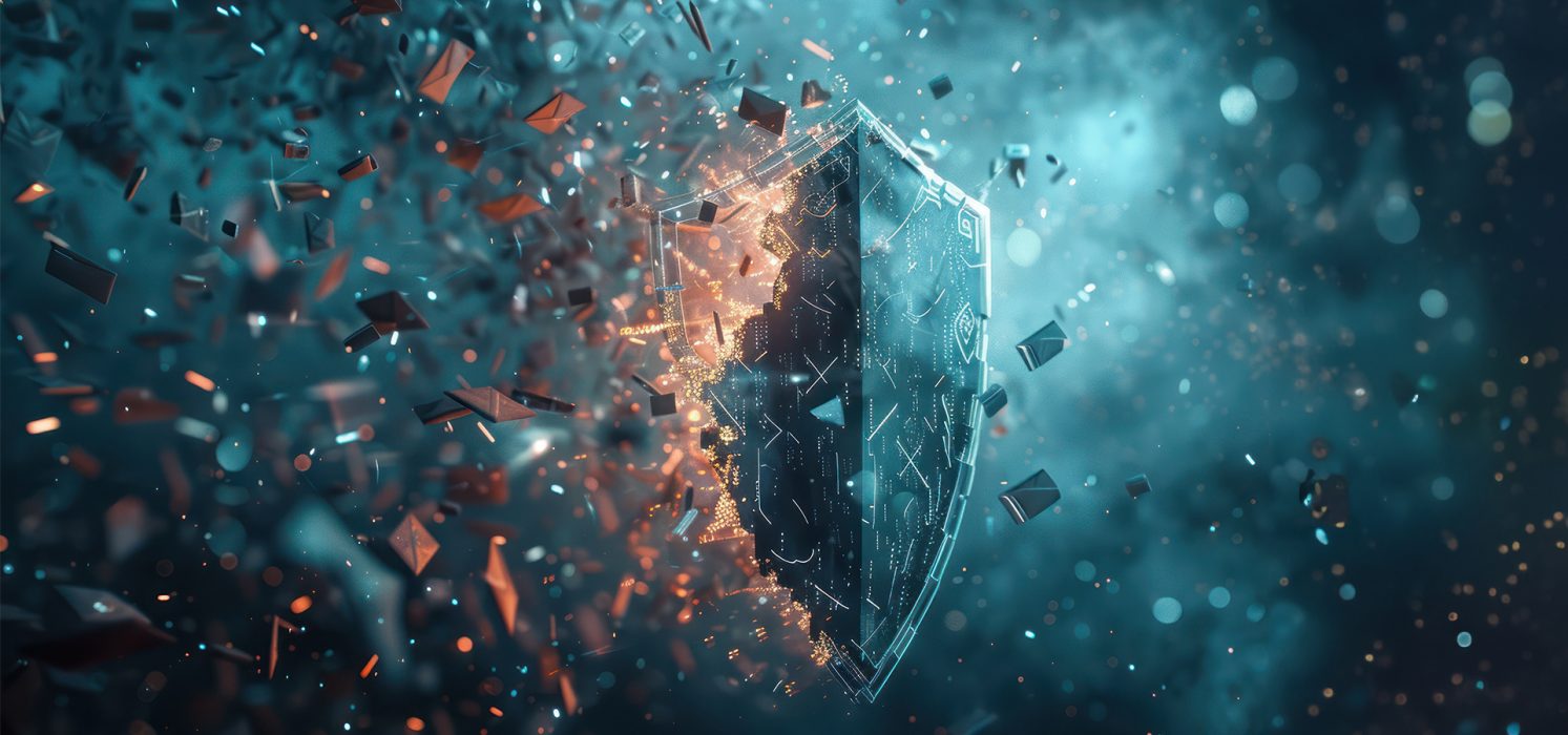 Pictorial representation of runtime assembly attacks. Digital artwork of a glowing, futuristic shield disintegrating into small particles, set against a dark blue, bokeh-effect background.