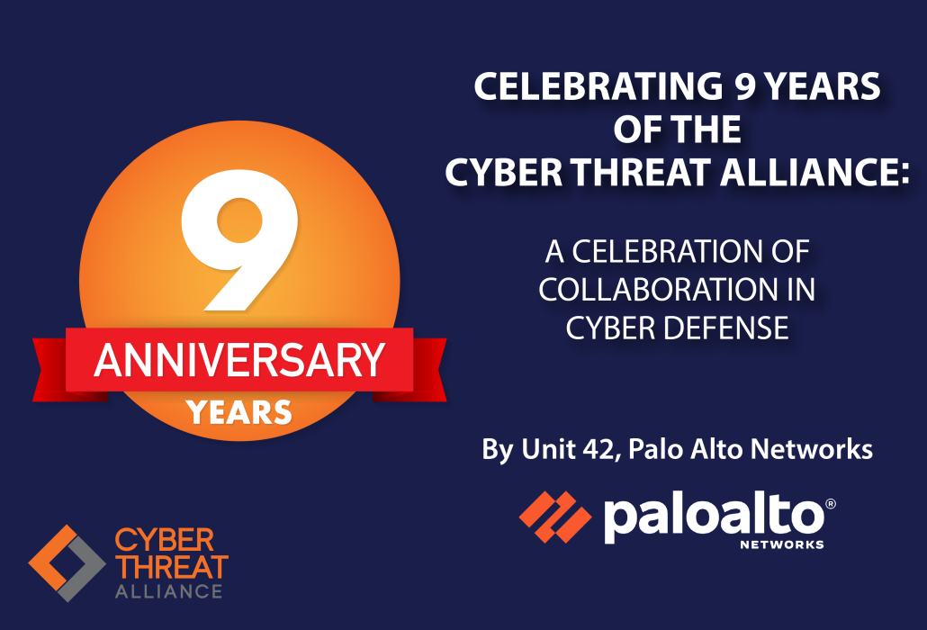 Dark blue and orange graphic celebrating the 9th anniversary of the Cyber Threat Alliance with a large orange circular "9" and a red "ANNIVERSARY YEARS" ribbon.