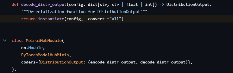 Capture d’écran d’un code Python comprenant une fonction de décodage de la sortie de distribution et une définition de classe via PyTorch.