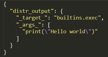 Screenshot of a JSON script containing a Python print function code that displays "Hello world".